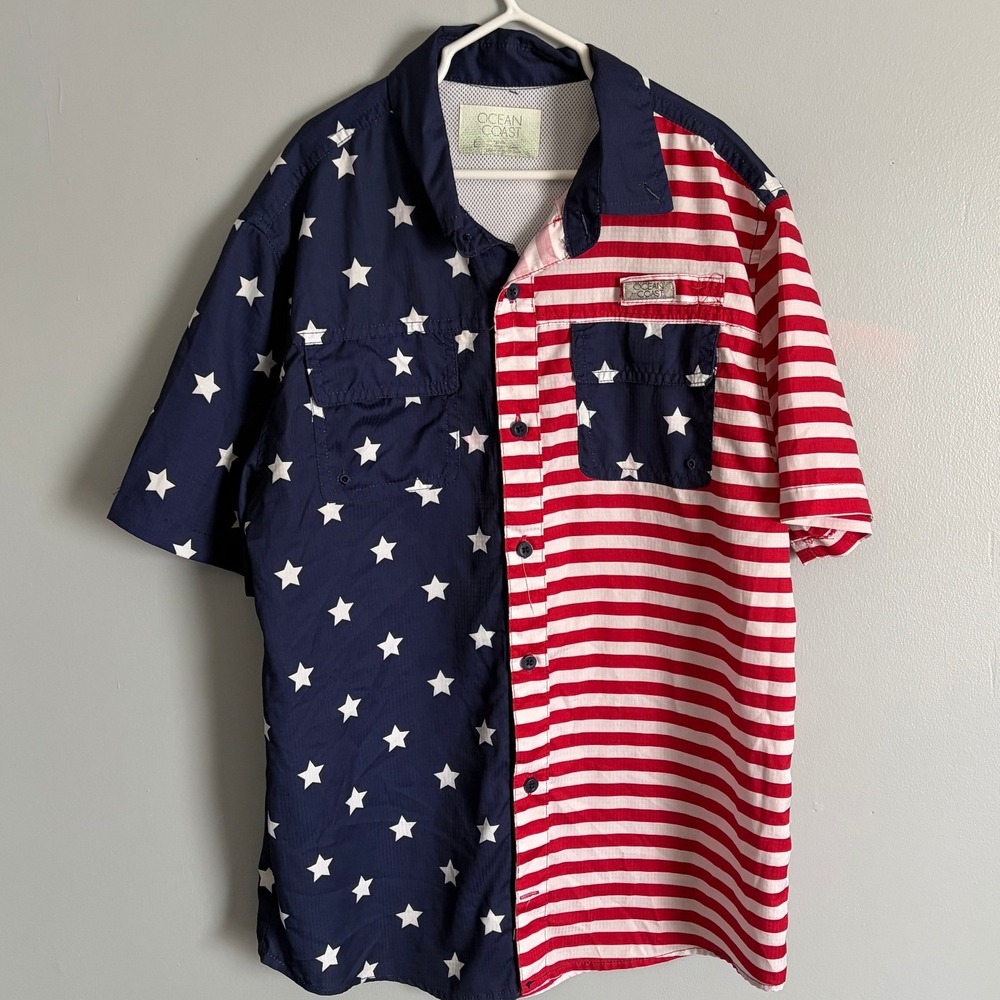 Ocean Coast Kids American Flag Fishing Shirt Stars Stripes Red White Blue Large